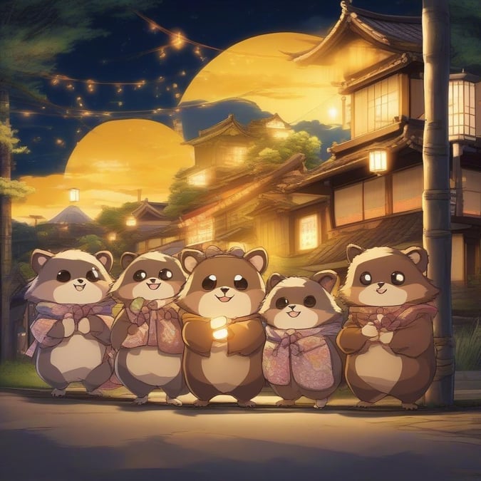 En grupp lekfulla tanuki-karaktärer klädda i traditionella japanska kläder är ute på gatorna på natten och sysslar med sina vanliga bus. Scenen utspelar sig mot en varmt belyst bybakgrund, där karaktärerna ger en fantasifull touch till den mysiga atmosfären.