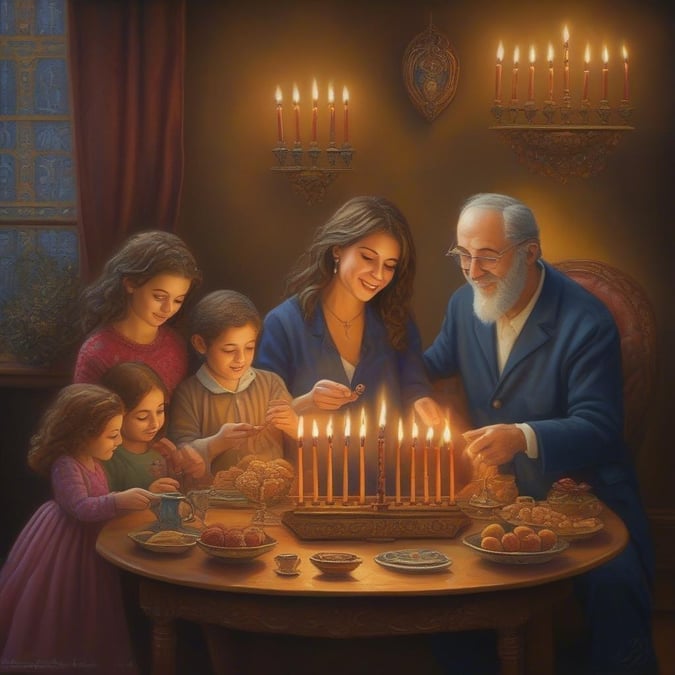 The family gathers around the lit candles to enjoy their traditional holiday meal together.