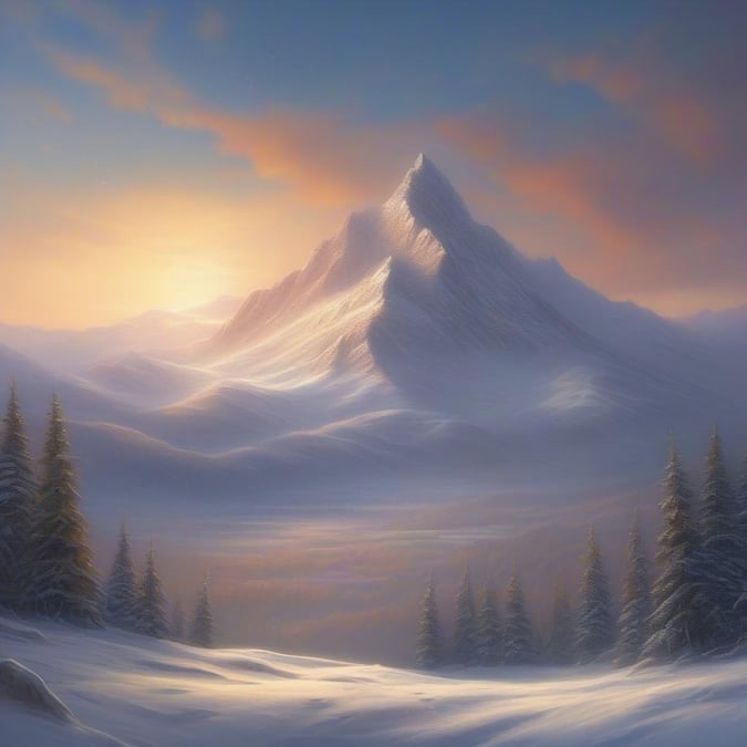 A serene winter scene featuring majestic mountain peaks against a clear sky at sunset.