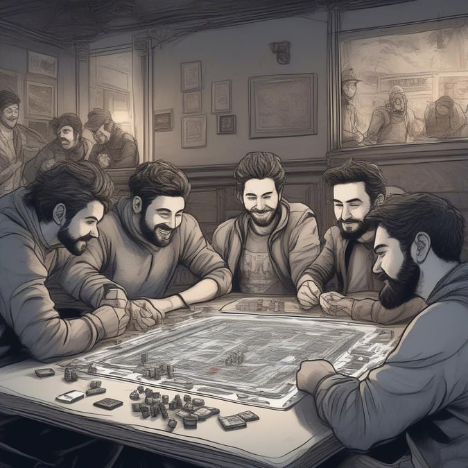 A group of friends are gathered around a table, engrossed in a game of strategy. They are laughing and engaged in the friendly competition.