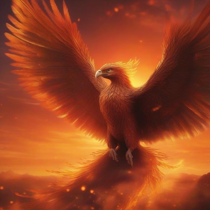 An artistic depiction of a phoenix soaring through an epic fantasy sky, with fiery wings and radiant plumes. This image is perfect for desktop and mobile wallpapers, capturing the spirit of the mythical bird in a vibrant and mystical setting.