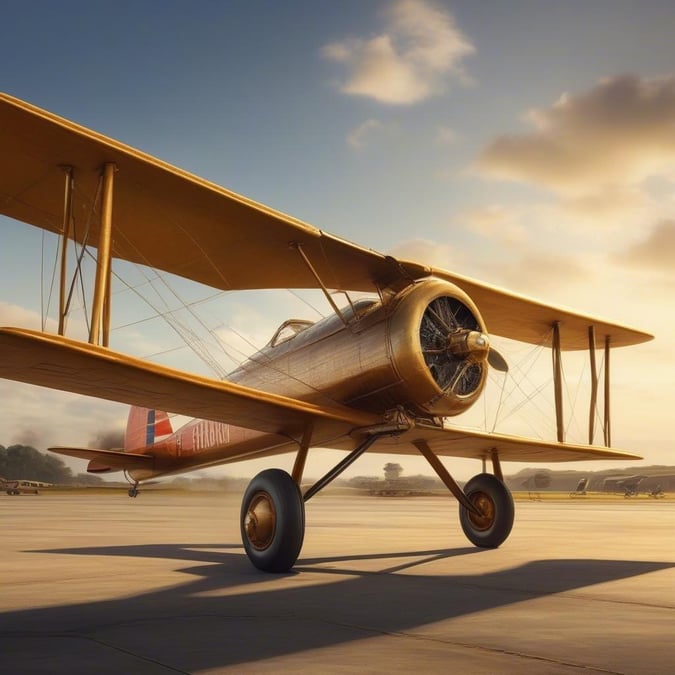 A classic World War era biplane, painted in its signature vibrant colors, poised on the tarmac. This image captures the nostalgia and history of aviation.