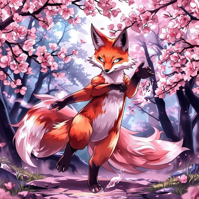 An enchanting anime scene featuring a vibrant red fox spirit dancing under the blooming cherry blossoms. The mystical atmosphere is heightened by the lush forest backdrop, and the elegant fox's dynamic pose conveys a sense of joyous freedom.