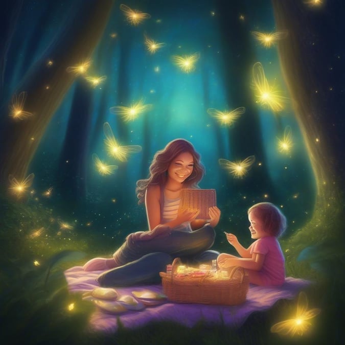 A heartwarming scene of a mother and daughter enjoying a peaceful evening together in a fairy-lit forest, with the soft glow of fireflies and bioluminescent creatures illuminating their surroundings. This wallpaper is perfect for Mother's Day to celebrate the bond between you and your mom.