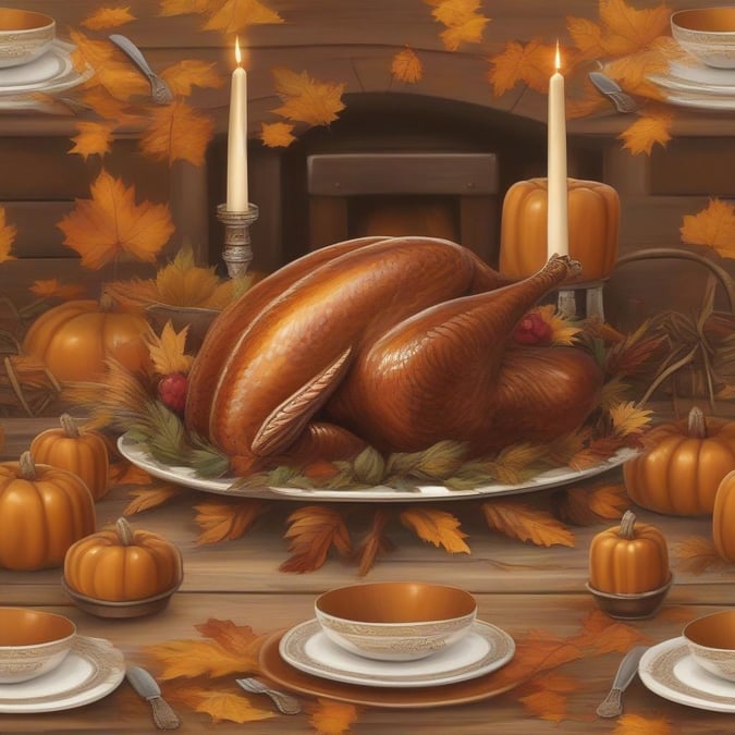 This wallpaper is perfect for the Thanksgiving holiday. It features a beautifully decorated table with a roasted turkey as the centerpiece. The table is set with fine china and silverware, and there are pumpkins and fall leaves scattered around the table. The background of the image is a warm, golden color, which adds to the cozy and inviting atmosphere of the scene.