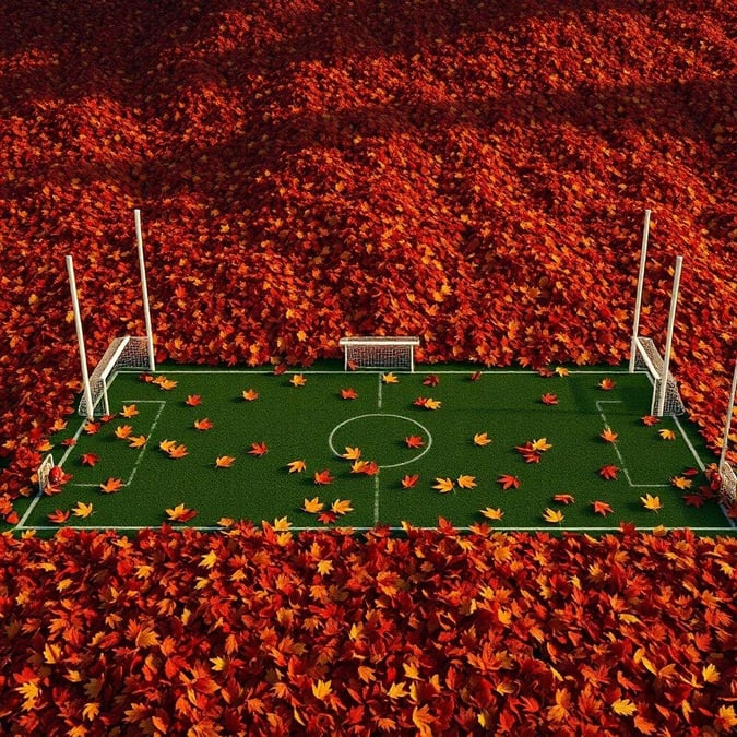 A soccer field with goal posts, carpeted in autumn leaves. The scene evokes the spirit of fall sports.