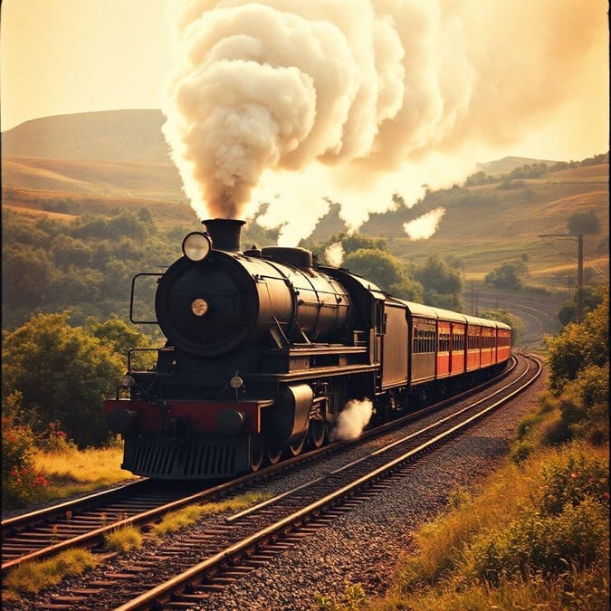 All aboard for a nostalgic journey with this vintage train wallpaper. The classic locomotive chugs along the tracks, surrounded by lush greenery and a serene landscape. Perfect for adding a touch of retro charm to your desktop or mobile device.