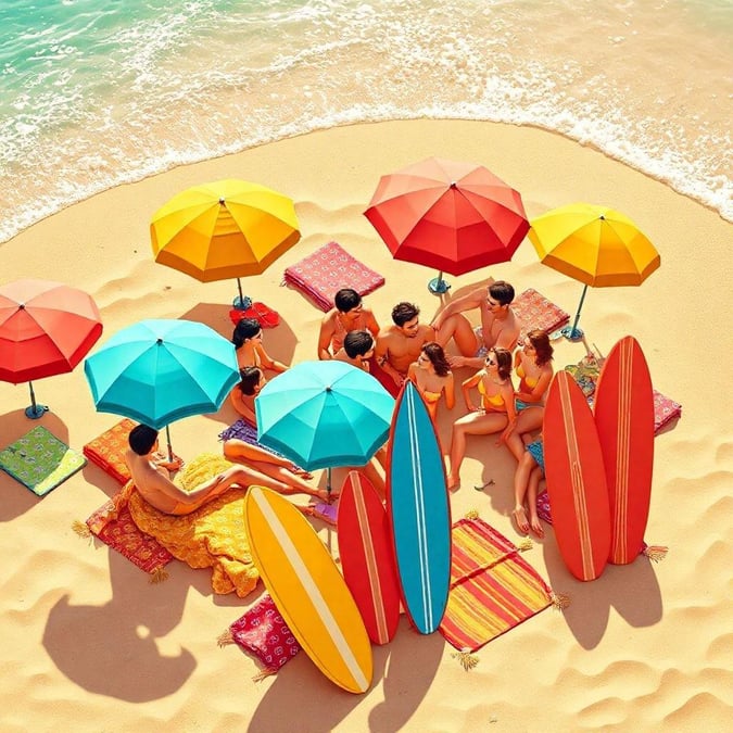 A group of friends enjoying a day at the beach, sitting on their surfboards and colorful towels under vibrant umbrellas.