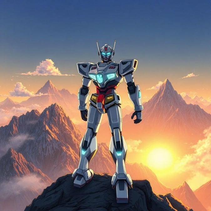 A detailed anime illustration of a majestic mountain range where a sleek robot stands at its peak, surveying the landscape below. The robot's armor glows in contrast to the rugged terrain, with its glowing eyes adding a touch of mystique. Tall mountains loom in the distance, emphasizing the scale and mystery of the scene.