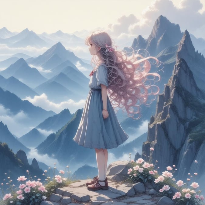 A young girl in an ethereal anime world stands atop a mountain peak, her hair cascading with pink and white flowers. The misty sky adds a mystical touch to this serene scene.