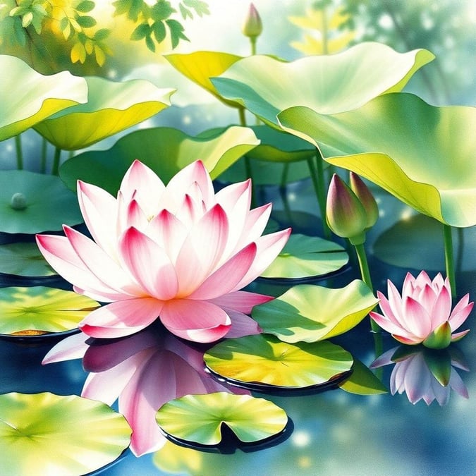 This wallpaper features a serene and inspiring scene of blooming lotus flowers, perfect for promoting relaxation and well-being.