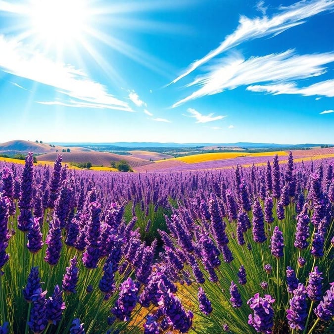 This stunning wallpaper captures the serene beauty of a lavender field in full bloom, perfect for adding a touch of nature to your desktop or mobile device.