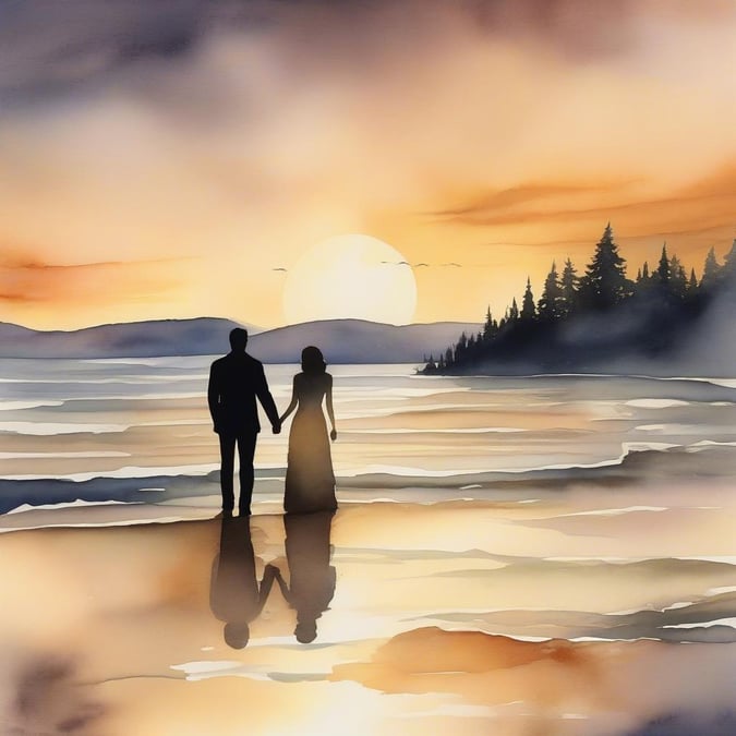 This beautiful painting captures the romantic atmosphere of a couple's walk along the beach at sunset. The golden hues of the setting sun cast long shadows and create a magical ambiance that is perfect for a wedding or anniversary celebration.