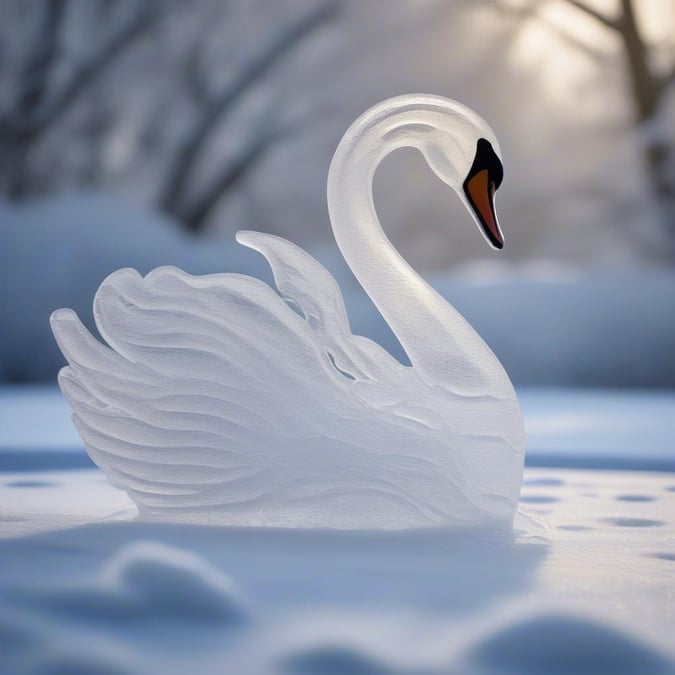 A majestic white swan glides effortlessly across the calm waters, its feathers glistening in the soft light. The serene atmosphere is enhanced by the surrounding trees and branches, creating a sense of tranquility and beauty.