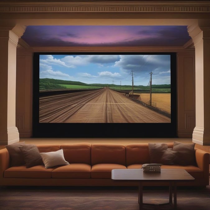 Escape to the countryside with this rural movie theater scene. Cozy up on a soft couch under a starlit sky, surrounded by the comforts of home while watching your favorite movie in widescreen format.