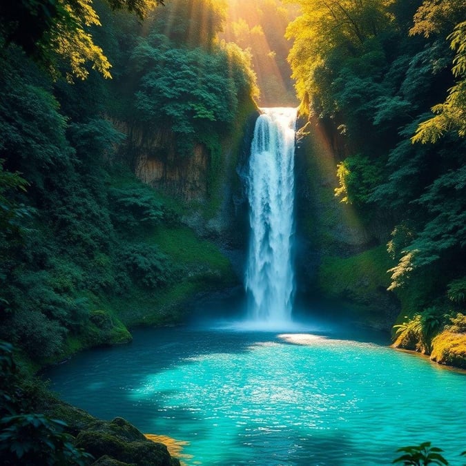 A serene landscape where nature showcases its tranquility with a waterfall cascading into a vibrant turquoise lake nestled amidst verdant foliage.