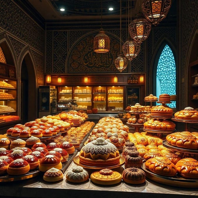 Indulge in the sweet traditions of Ramadan with this stunning wallpaper featuring an array of delectable pastries and desserts. Perfect for adding a touch of cultural flair to your desktop or mobile device.