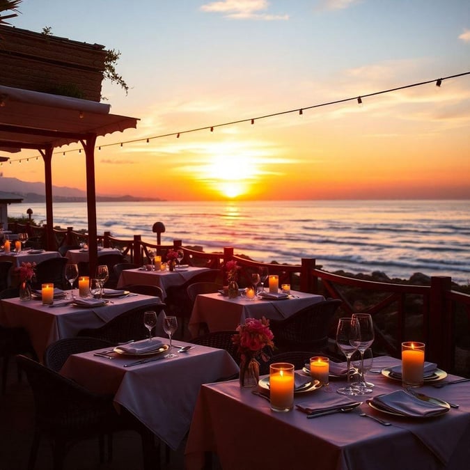 Uma vista de tirar o fôlego do sol se pondo sobre o oceano em um restaurante à beira-mar.