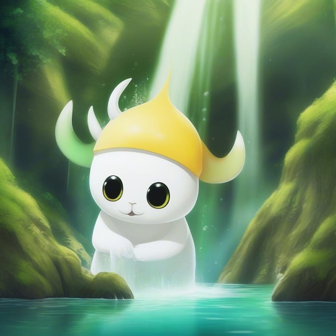 A playful and enigmatic anime scene featuring a small Yokai creature. The creature, with its large round head and horned hat, peeks out from behind a waterfall in a hidden mountain temple. Its vibrant eyes and curious expression add to the sense of mystery.