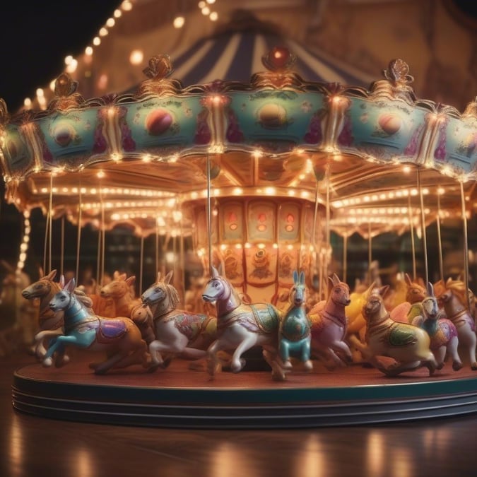 An Easter-themed carousel with whimsical horses galloping under the night sky, illuminated by colorful lights. A delightful centerpiece for your desktop and mobile devices.