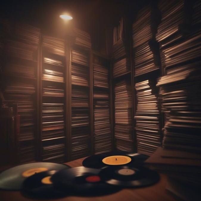 Step into a nostalgic world where vinyl records reign supreme. This image captures the essence of a bygone era, with stacks of vintage records and a warm, inviting atmosphere that's sure to transport you back in time.