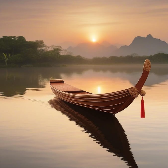 A traditional wooden boat sits calmly in the center of a serene lake at sunset. The tranquil scene is bathed in the warm glow of the setting sun, reflecting off the water and enhancing the peaceful atmosphere.