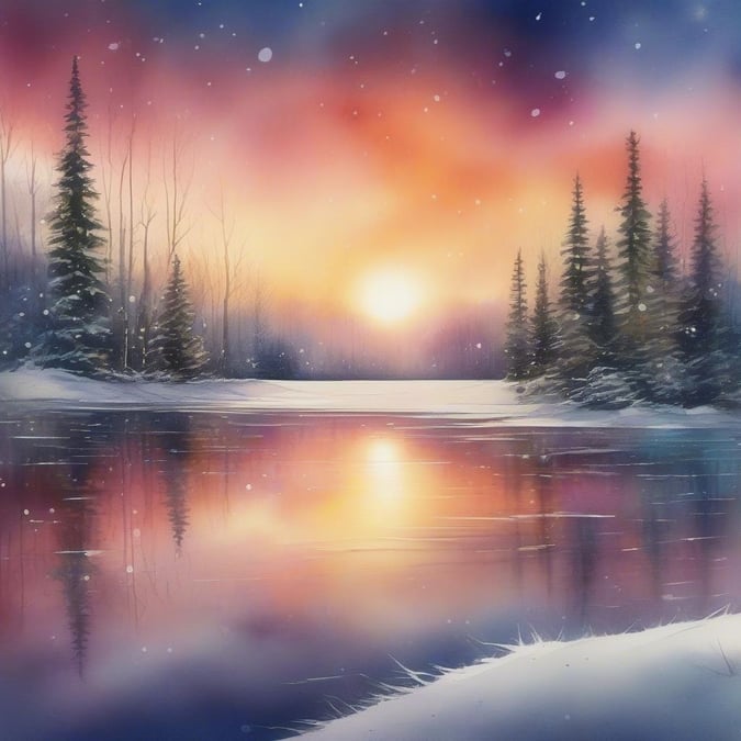 A serene winter scene with the solstice sun reflecting on a calm lake, set against a backdrop of snow-covered trees.