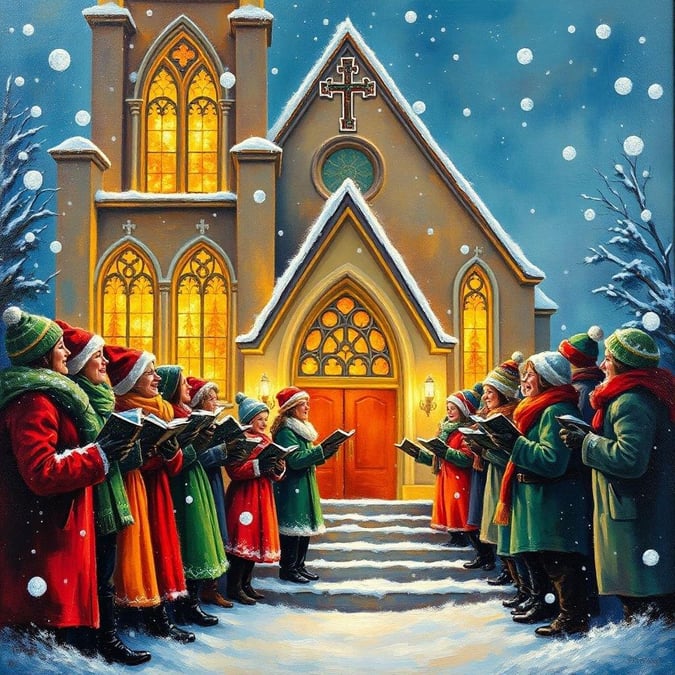 A warm and festive scene of a church choir performing at midnight mass on Christmas Eve, with the glow of candlelight illuminating their faces and the snowy night outside.