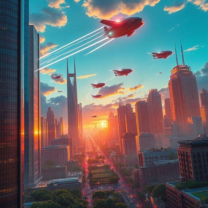 This image is a stunning representation of a futuristic cityscape, with sleek skyscrapers and flying cars soaring through the sky. The vibrant colors and dynamic composition create a sense of energy and movement, drawing the viewer's eye to the heart of the city.