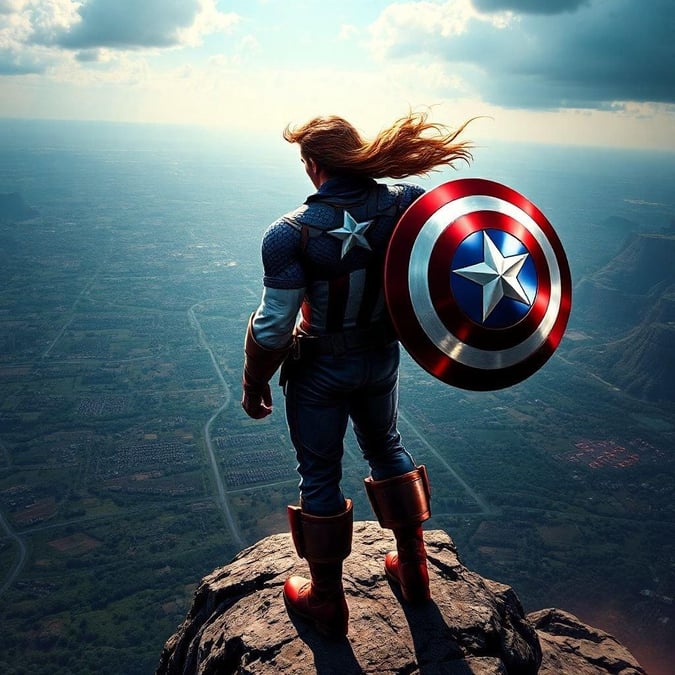 This stunning wallpaper features Captain America standing on a cliff, gazing out at the breathtaking view. The image captures the essence of the iconic superhero, with his shield and costume prominently displayed. The cliff's edge offers a dramatic backdrop, adding to the overall sense of adventure and heroism.