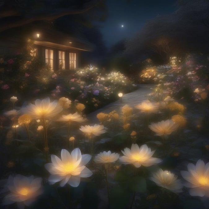 A serene and peaceful scene of a garden at night, with a variety of flowers illuminated by soft, warm light.