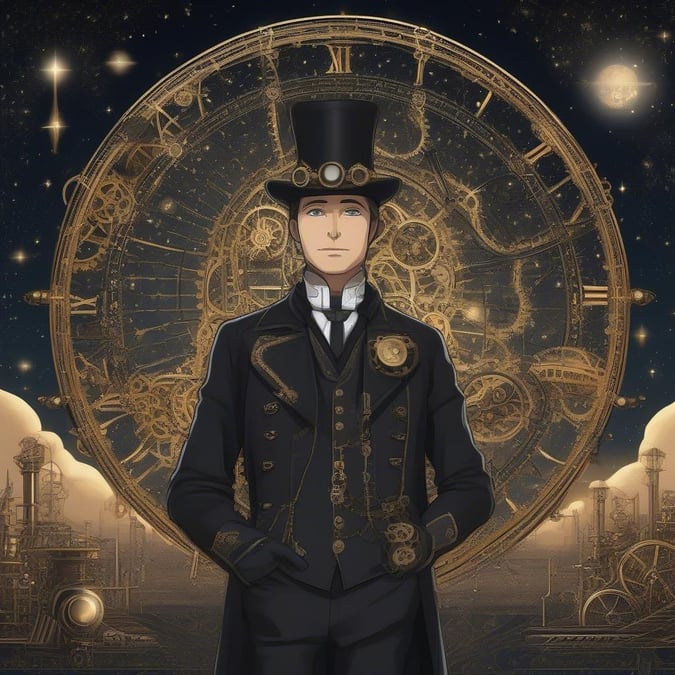 Bu büyüleyici anime tarzı illüstrasyon ile steampunk fantezi dünyasına adım atın. Şık bir siyah takım elbise ve şapka giymiş parlak bir mucit, yıldızlı bir gece gökyüzünün ortasında gururla duruyor ve geleceğe dair bir hayranlık hissi uyandıran karmaşık makinelerle çevrili.