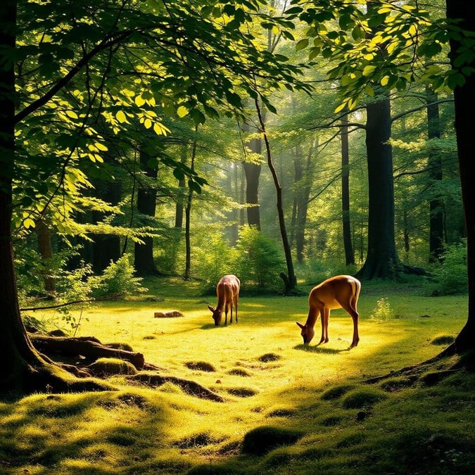 This tranquil forest scene captures the essence of a peaceful deer sanctuary. With lush greenery and vibrant sunlight filtering through the canopy, it's a perfect snapshot for those who love nature and adventure.