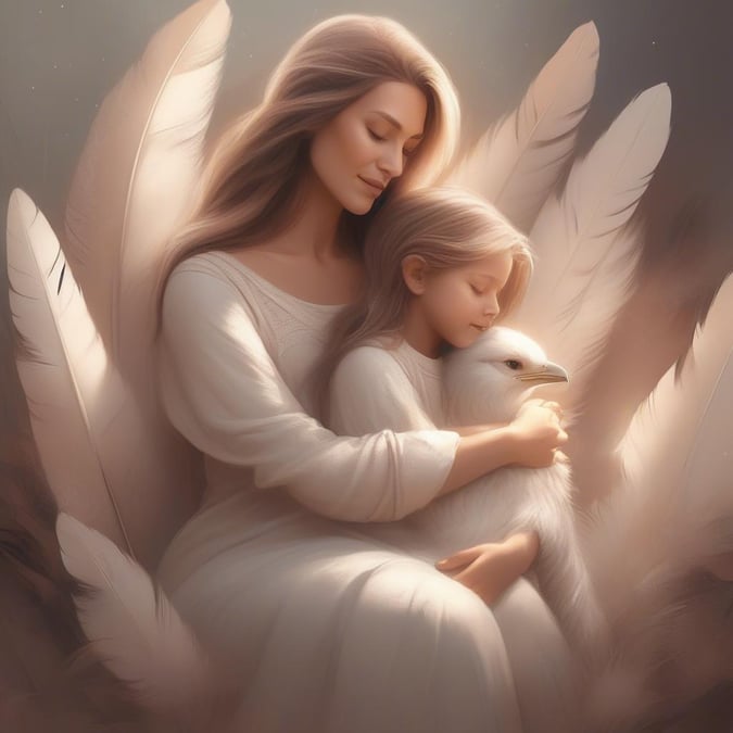 This serene wallpaper captures the essence of Mother's Day, featuring a mother and child embracing, surrounded by feathers and an angel. The soft, pastel colors and gentle lighting evoke a sense of peace and love, making it a perfect desktop and mobile wallpaper for the special day.