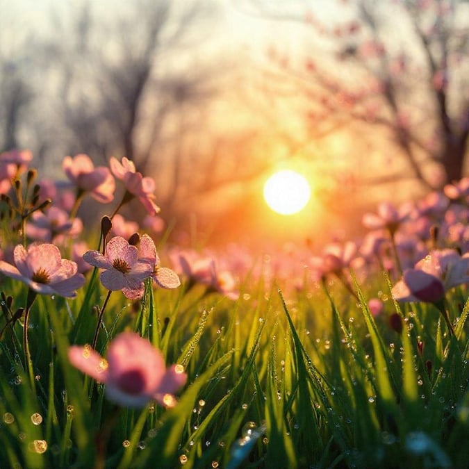 This beautiful spring wallpaper captures the essence of the season, with vibrant pink flowers and lush green grass set against a stunning sunset backdrop. The image exudes a sense of tranquility and renewal, making it perfect for desktop and mobile use.