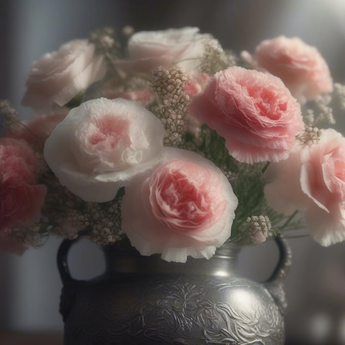 Bring the beauty of nature indoors with this floral bouquet wallpaper. The elegant arrangement of pink roses and baby's breath in a silver vase creates a charming centerpiece for any room.