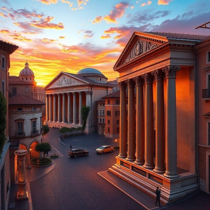 The golden rays of the setting sun cast a warm glow over the historic buildings in Vatican City, highlighting their grand architecture and rich history.