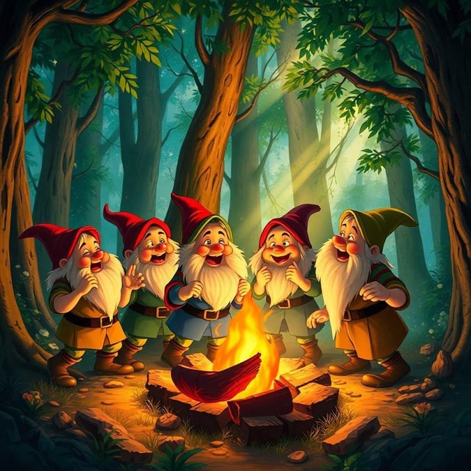 Join our group of friendly gnomes as they share a warm fire in their forest home.