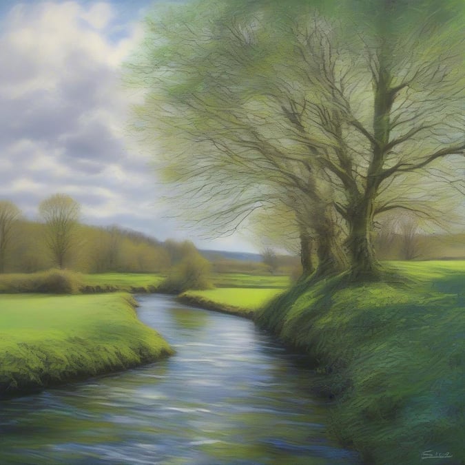 A peaceful landscape capturing the essence of Ireland, with a gentle river meandering through lush green fields and trees under the soft glow of a St. Patrick's Day sky.