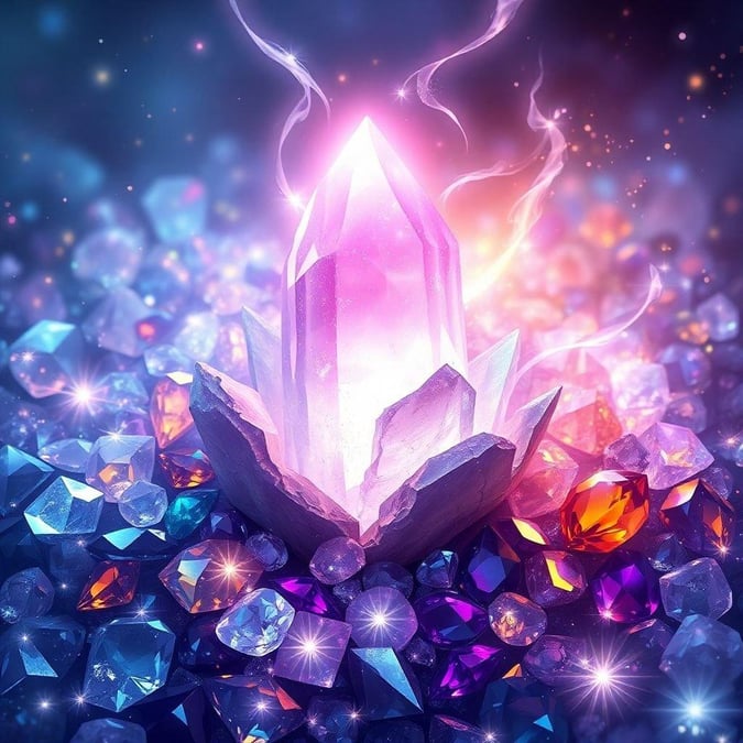 This mesmerizing wallpaper captures the essence of crystal energy, emitting a mystical glow. The quartz crystal at the center radiates power and positivity, while the surrounding stones amplify its magic. Perfect for your desktop or phone background to bring a touch of enchantment to your digital life.