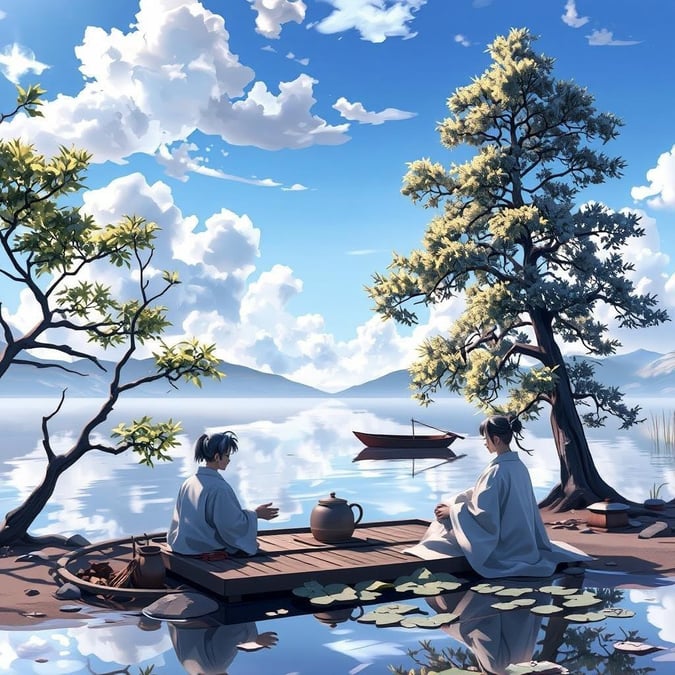 This serene anime-style wallpaper captures a moment of tranquility, featuring a white tea ceremony on the banks of a tranquil lake, with a tall tree and a small boat adding life to the scene. The peaceful atmosphere is enhanced by a clear blue sky and fluffy clouds, creating an Anime-like ambiance.