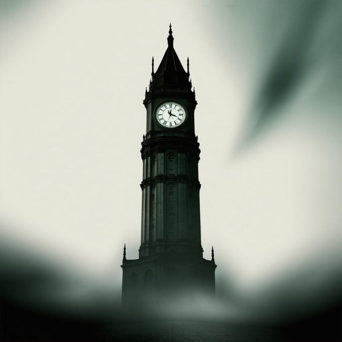 Mystical fog envelops the historic Big Ben clock tower in London, UK. The iconic landmark stands tall against the backdrop of a gloomy sky, adding a touch of eerie charm to this desirable wallpaper.