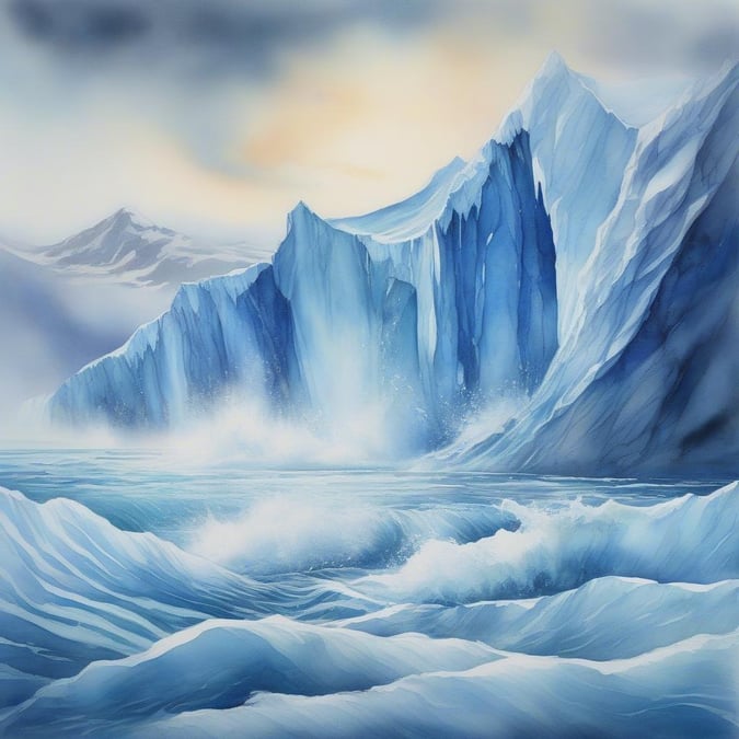 A breathtaking view of towering blue glaciers and the foamy white waves crashing at their base, set against a dramatic sky.