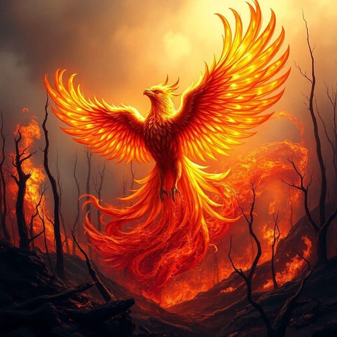 A majestic phoenix rises from the ashes, its fiery plumage glowing with an ethereal light.