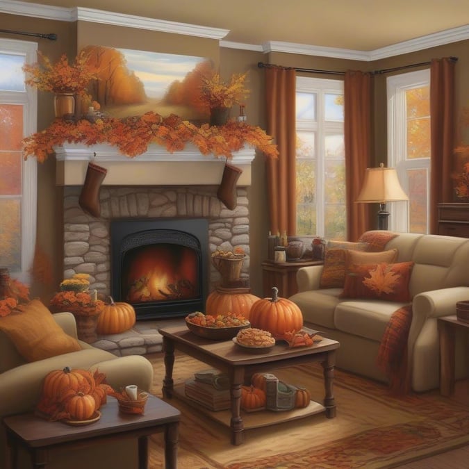 Embrace the warmth of the season with this inviting Thanksgiving living room wallpaper. The image features a beautifully decorated room with autumnal hues, creating a cozy atmosphere perfect for the holiday.