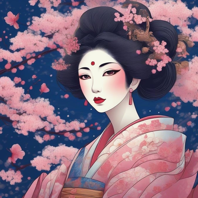 Bu etkileyici anime illüstrasyonu, havada süzülen bir geisha'yı, kiraz çiçekleri halo'su ile çevrili olarak gösteriyor. Geisha, pembe ve beyaz çiçeklerin bir kaleidoskobu olup, yaprakları ve taç yaprakları üzerinde karmaşık detaylar barındırıyor, derin mavi bir arka planla, varlığını odak noktası olarak vurguluyor.