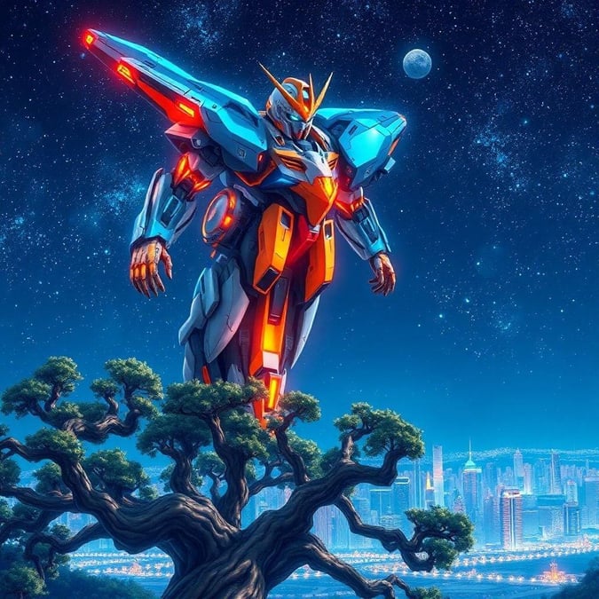 Get ready to be amazed by this stunning anime wallpaper featuring a futuristic mecha soaring through a starry night sky. With its vibrant blue and orange hues, this mecha is a sight to behold, and the cityscape below adds to the futuristic feel. The majestic tree in the foreground adds a touch of nature to this otherwise futuristic scene, making it a perfect blend of technology and beauty.