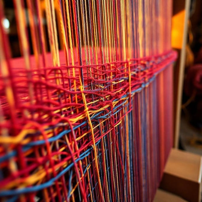 This vibrant abstract image features a traditional loom with a tapestry in progress. The intricate patterns are crafted from yarns, displaying an array of colors against the darker background.