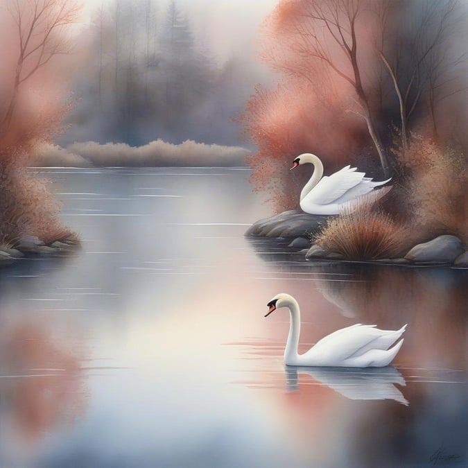 Enjoy a serene moment with these two elegant swans, one floating on the tranquil river and the other resting peacefully on shore. This picture is a delightful snapshot of love and companionship amidst nature's beauty.