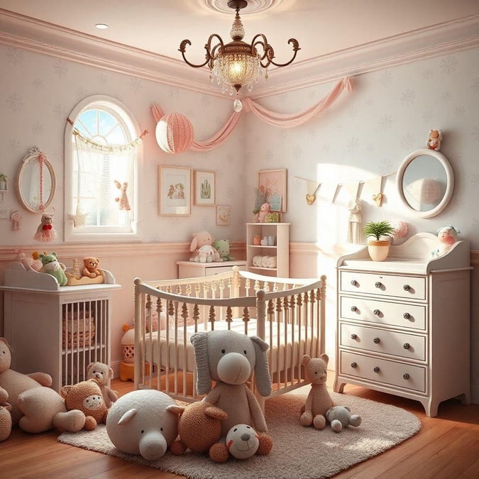 A charming nursery bedroom with a cozy touch, featuring baby furniture and stuffed animals for an adorable display. Perfect wallpaper for your home decor in the 'Fashion &#38; Lifestyle' category.